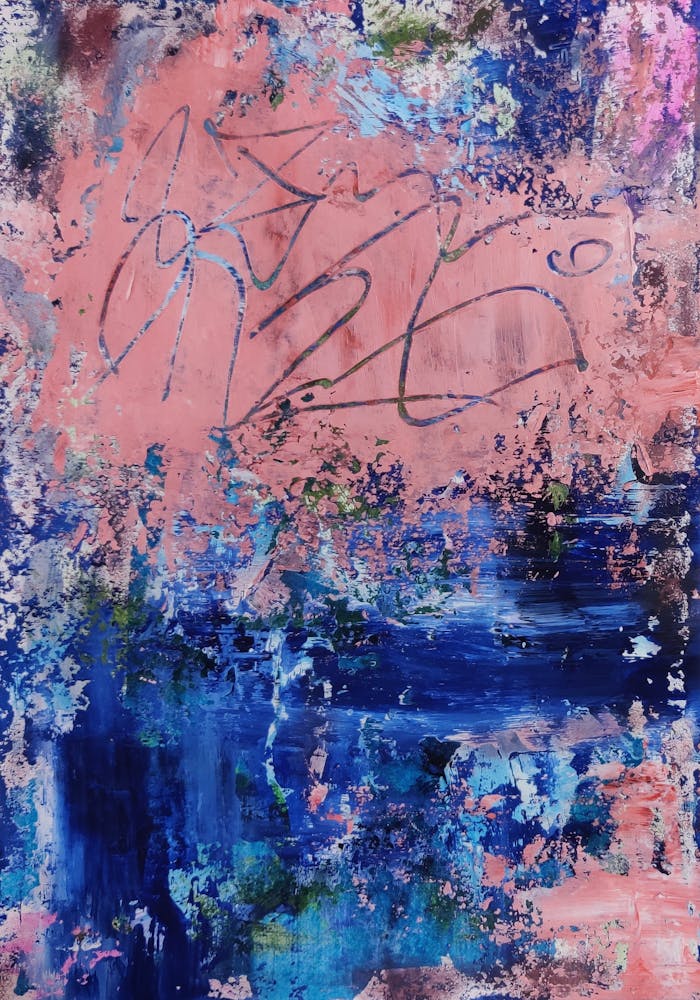 Explore an artistic abstract with bold colors and dynamic textures on canvas.