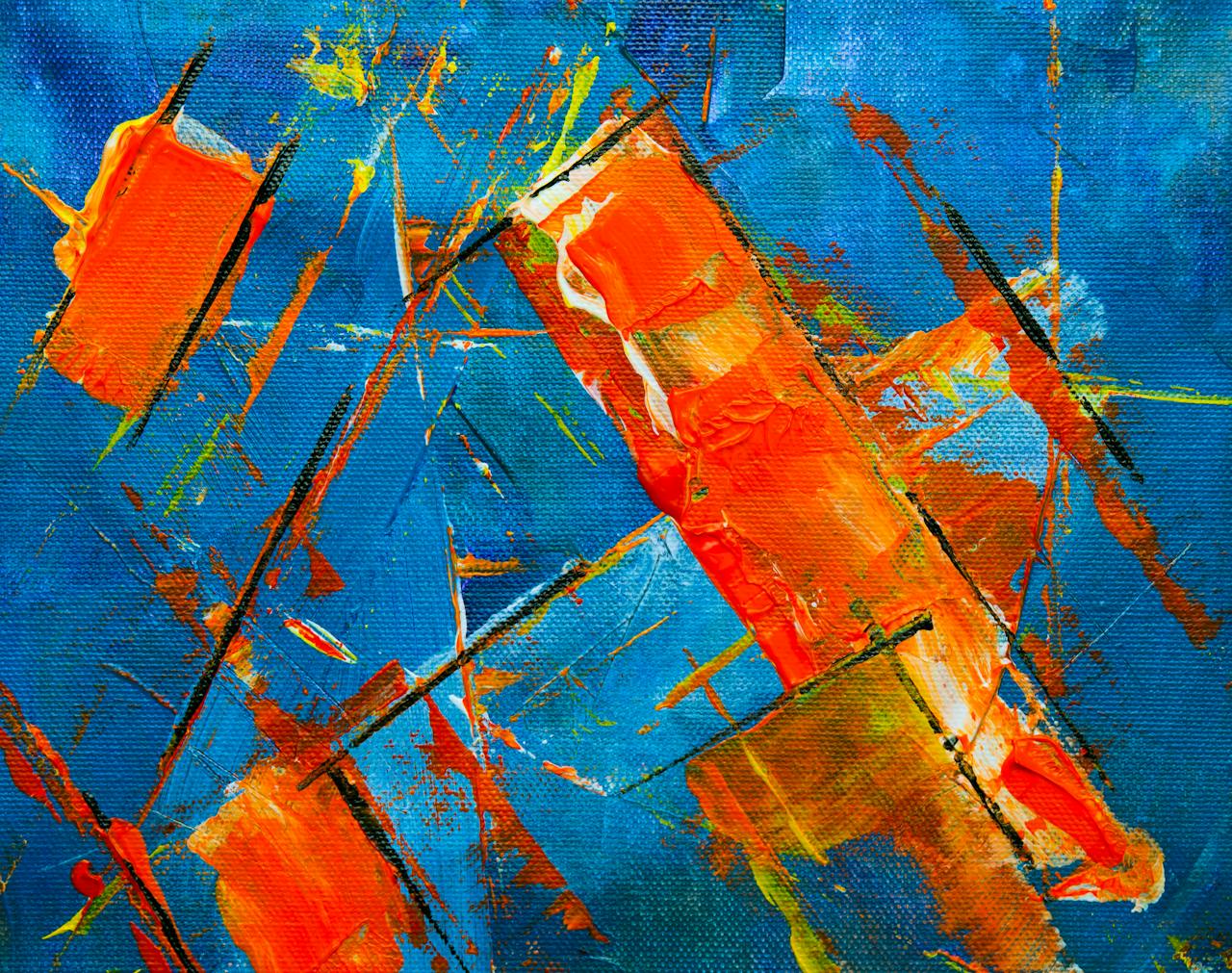 Dynamic abstract painting with vibrant blue and orange colors, showcasing energetic brushstrokes.