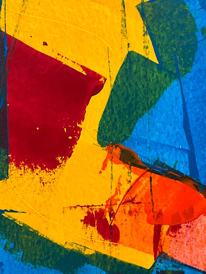 A lively abstract painting showcasing bold colors and dynamic brushstrokes.