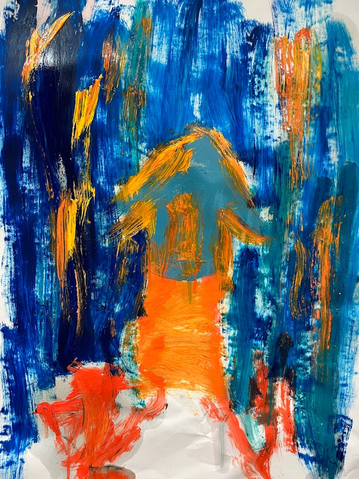 Dynamic abstract art with bold strokes in blue and orange hues.