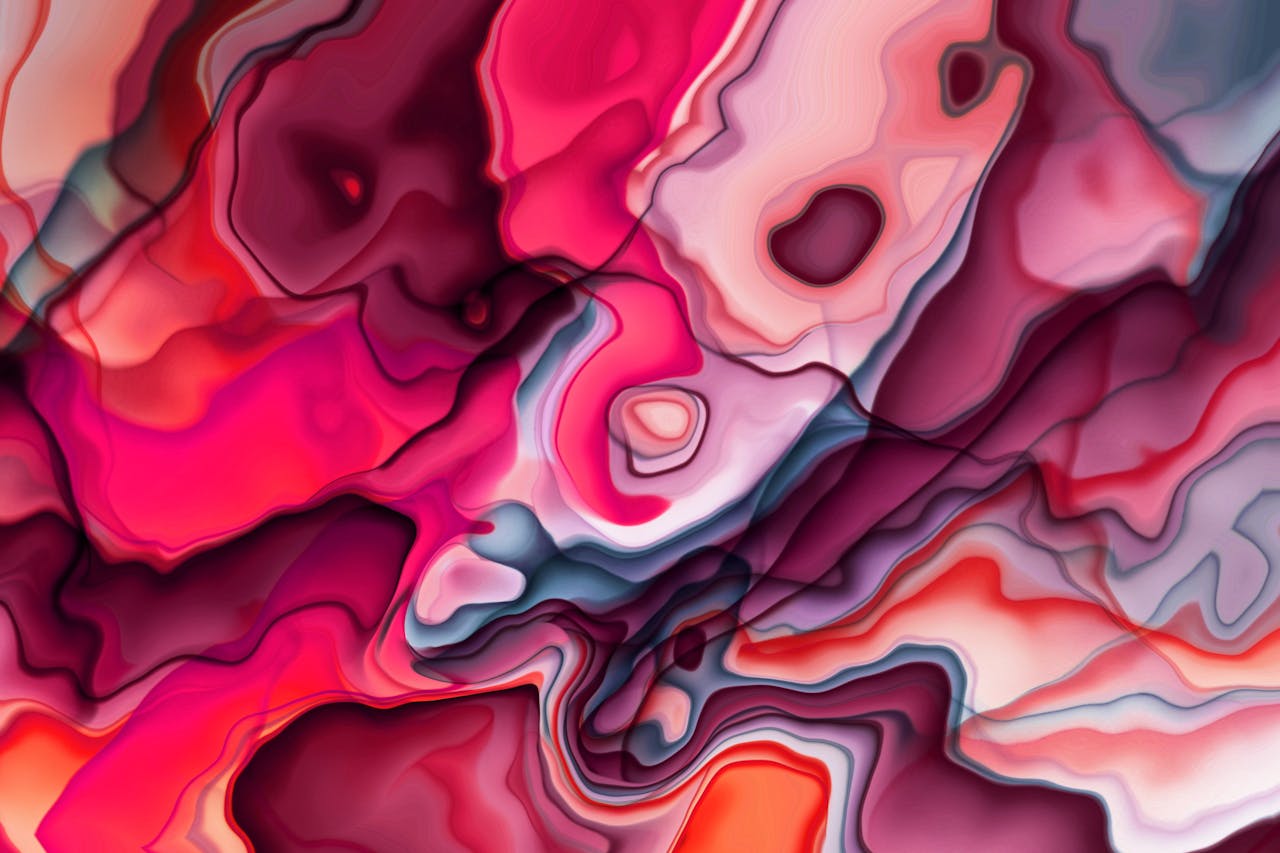 Dynamic abstract artwork featuring fluid shapes in vibrant red and pink hues.