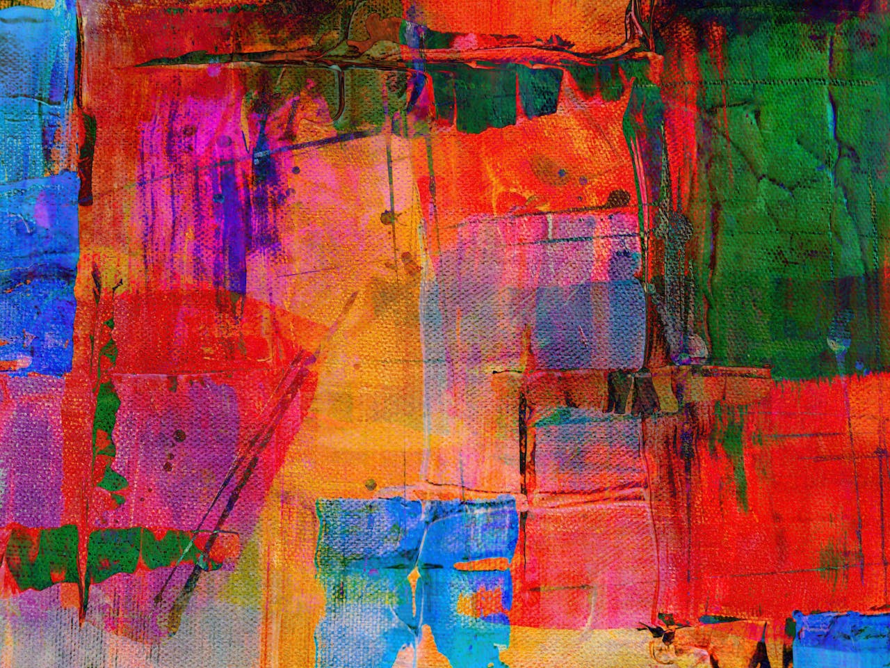 A dynamic and colorful abstract painting with layers of rich hues on canvas.